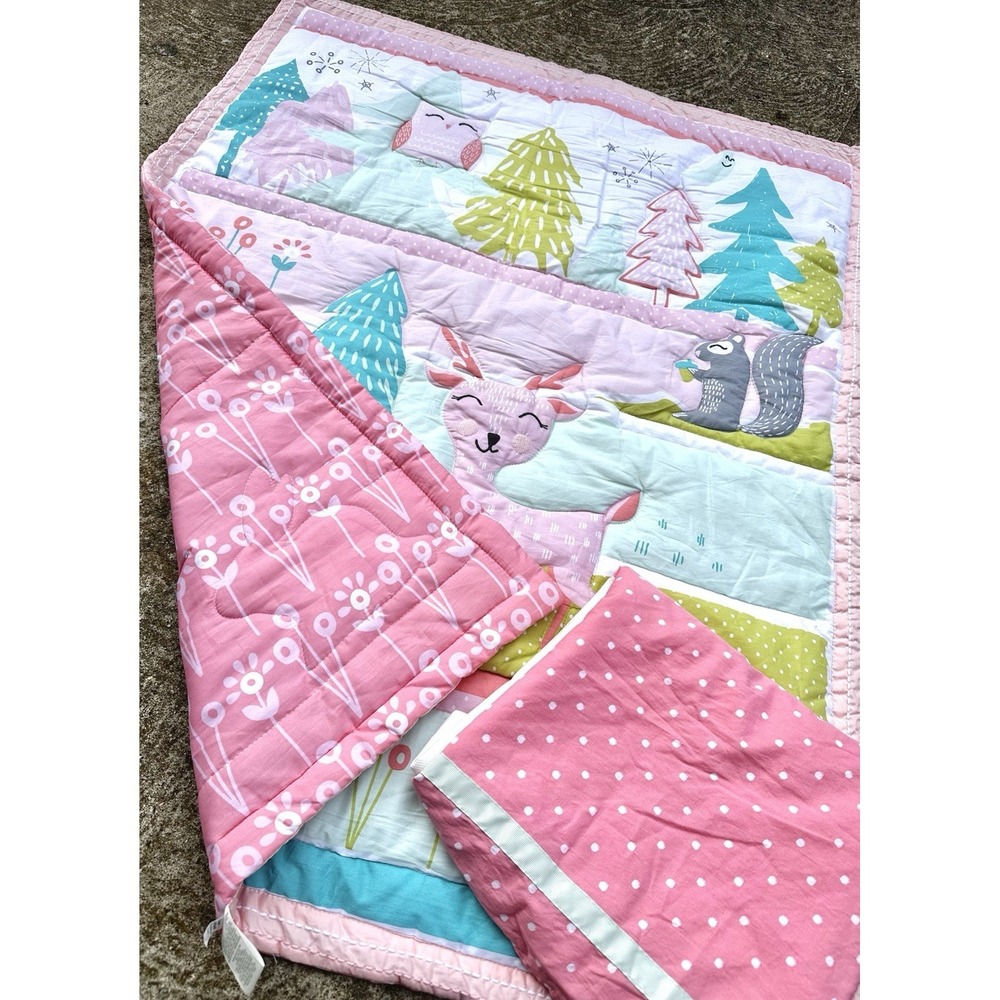 Cloud Island Woodland Theme Crib Quilt Coverlet, Pink & Multicolor